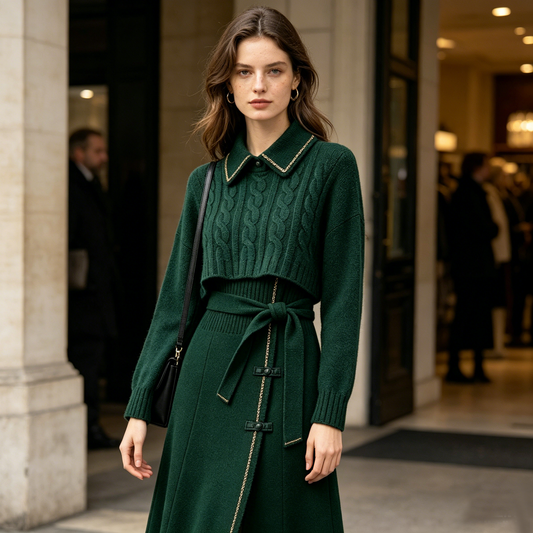 Dark Green Knit & Woolen Two-Piece Dress