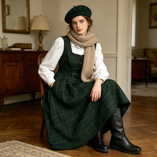 Dark Green Plaid Pinafore Dress Set