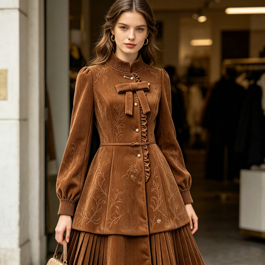 Caramel Embroidered Corduroy Waisted Dress