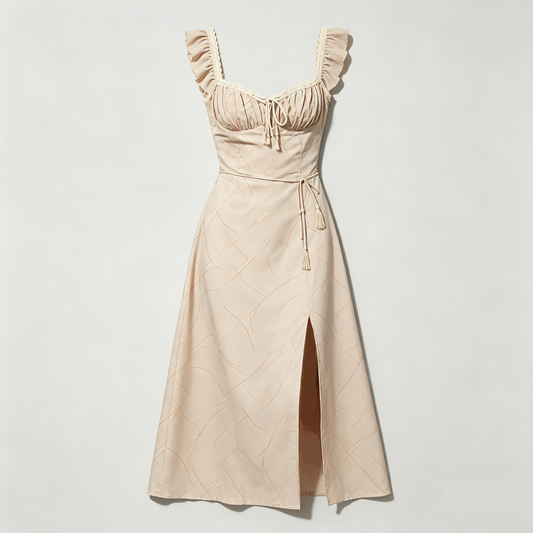 Beige Ruffle Strap Slit Dress