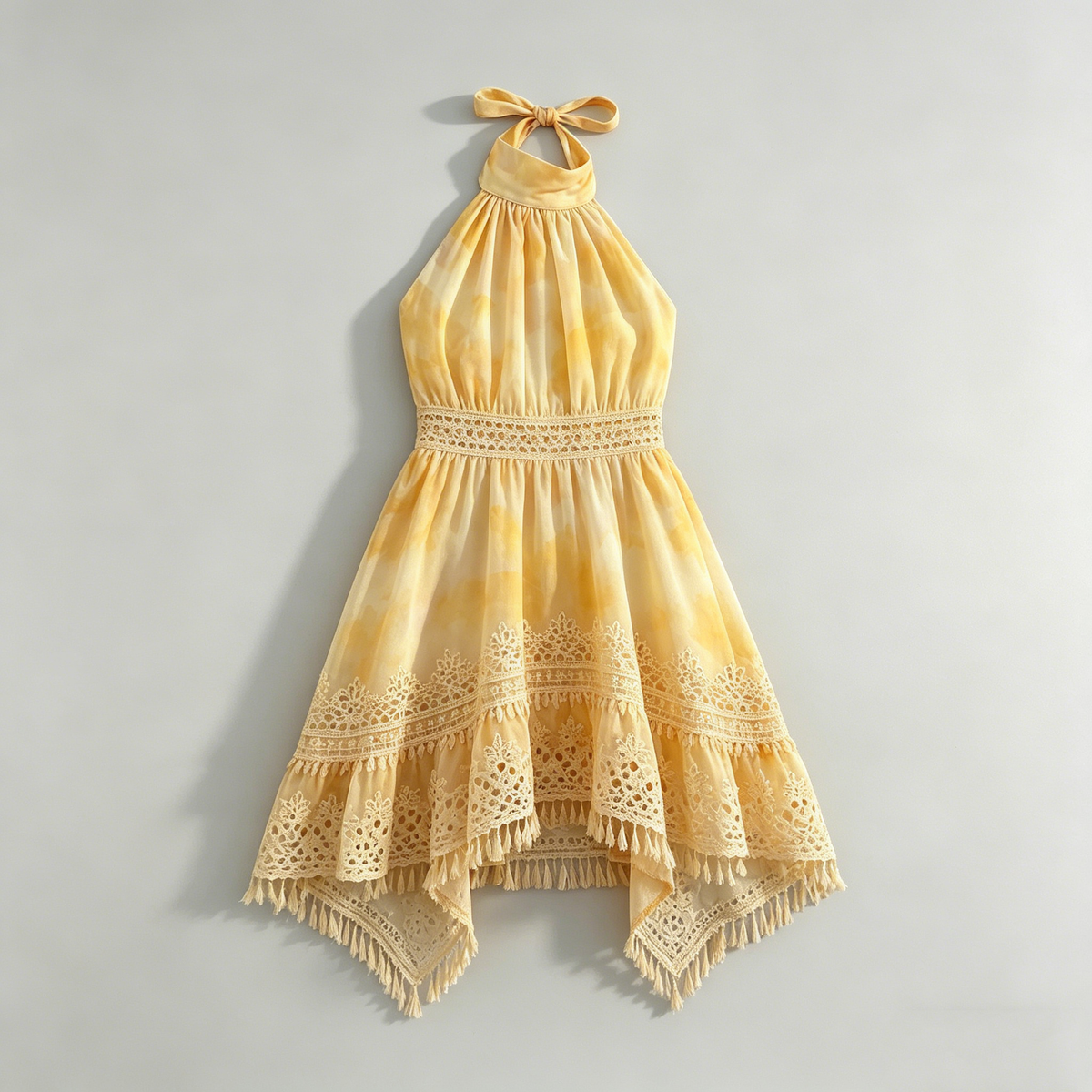 Yellow Tie-Dye Halter Lace Dress