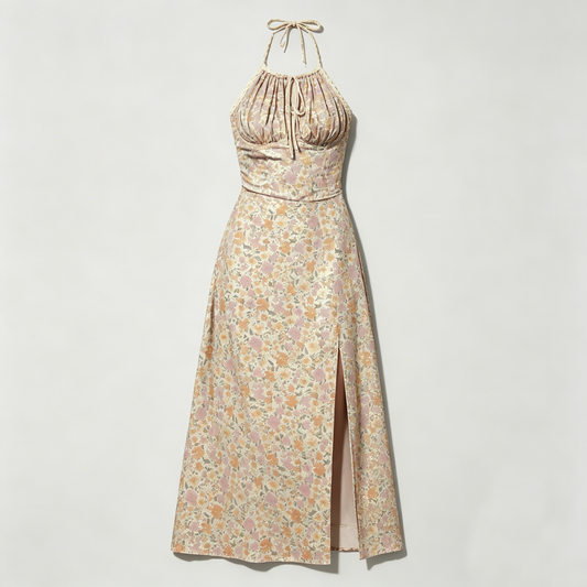 Floral Halter Slit Midi Dress