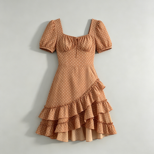 Brown Polka Dot Puff Sleeve Ruffle Dress