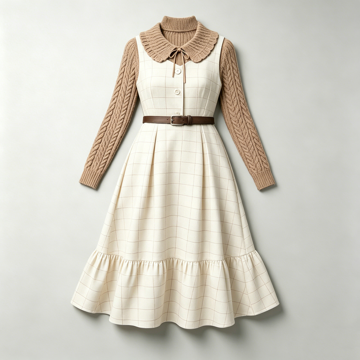 Cream Plaid Pinafore Dress & Knit Top Set