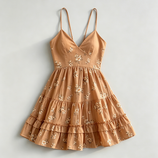 Tan Floral Spaghetti Strap Tiered Dress