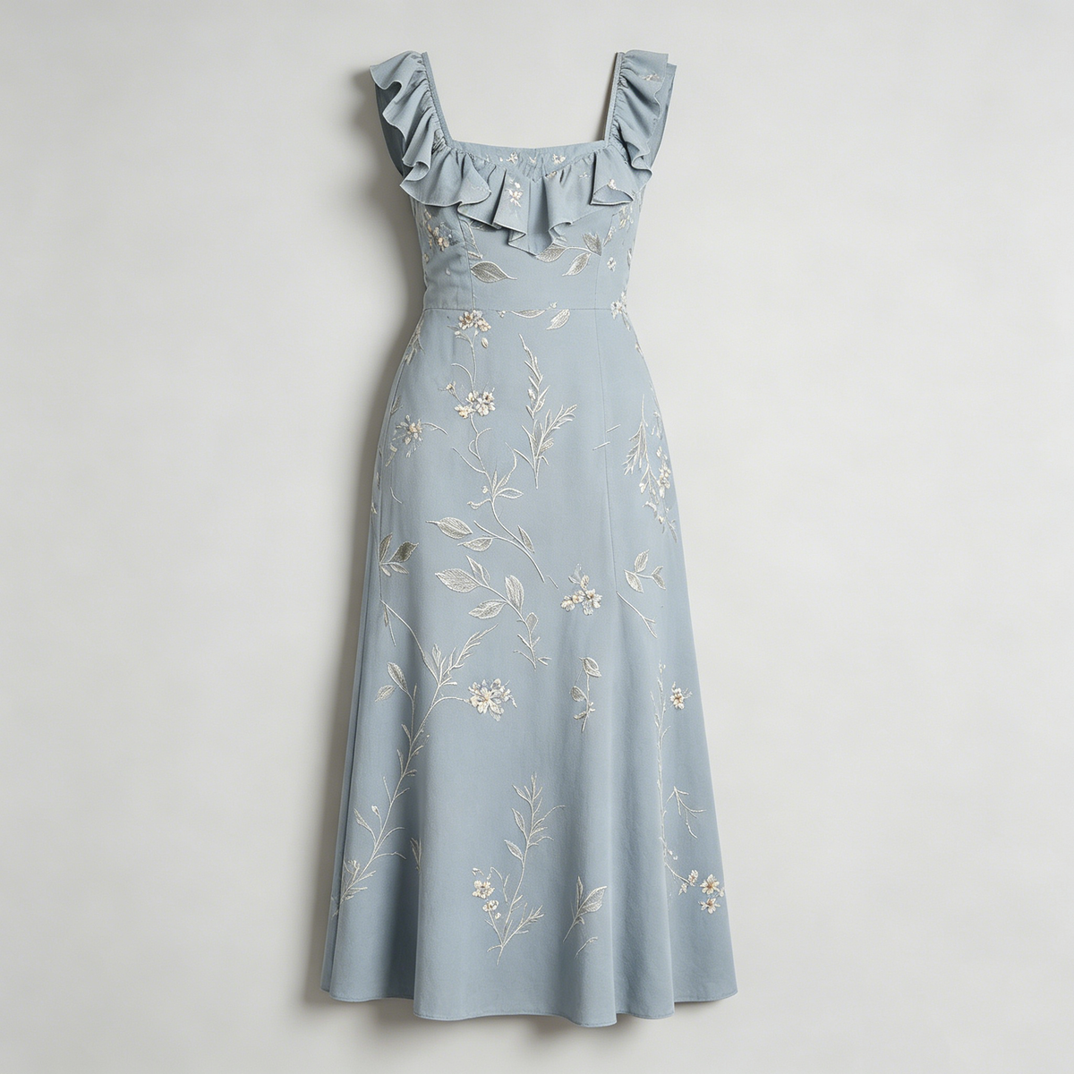 Blue Floral Embroidered Ruffle Dress