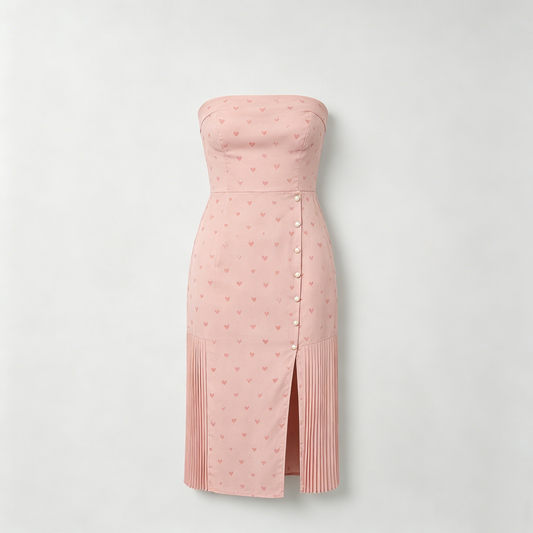 Pink Heart Print Strapless Midi Dress