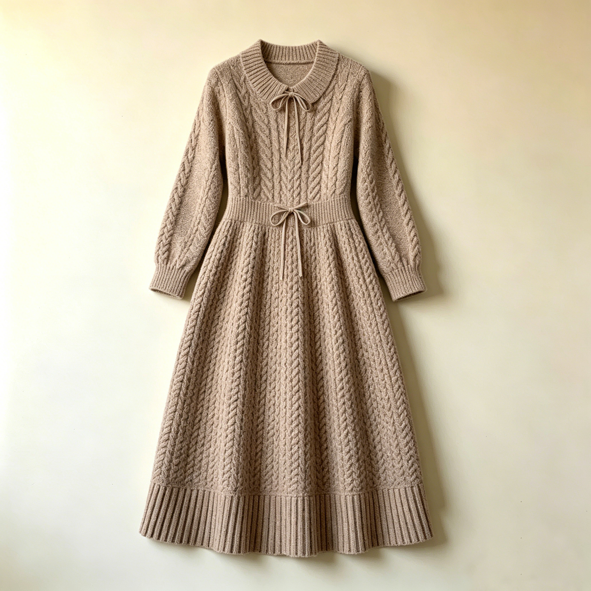 Oatmeal Bow Cable-Knit Midi Dress
