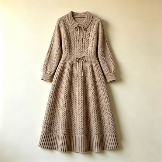 Oatmeal Bow Cable-Knit Midi Dress