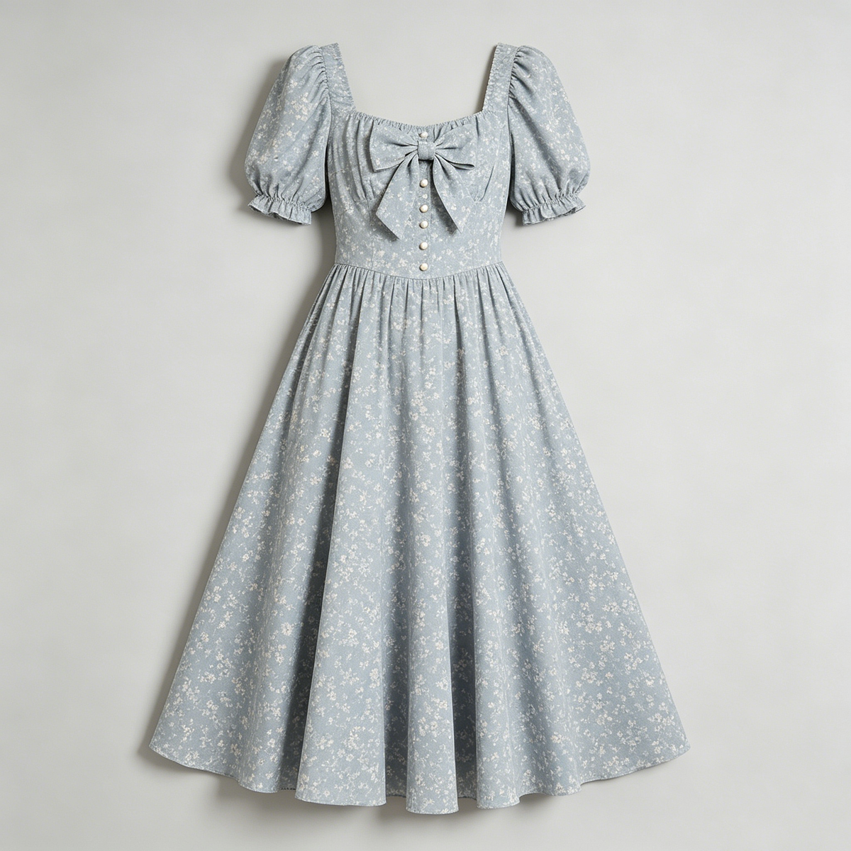 Blue Bow Puff Sleeve Dress