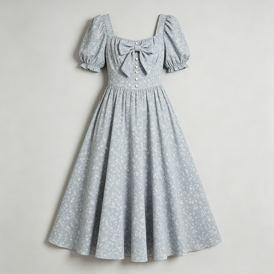 Blue Bow Puff Sleeve Dress
