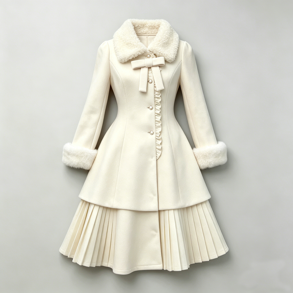 Cream Fur-Collar Bow Wool Coat Dress