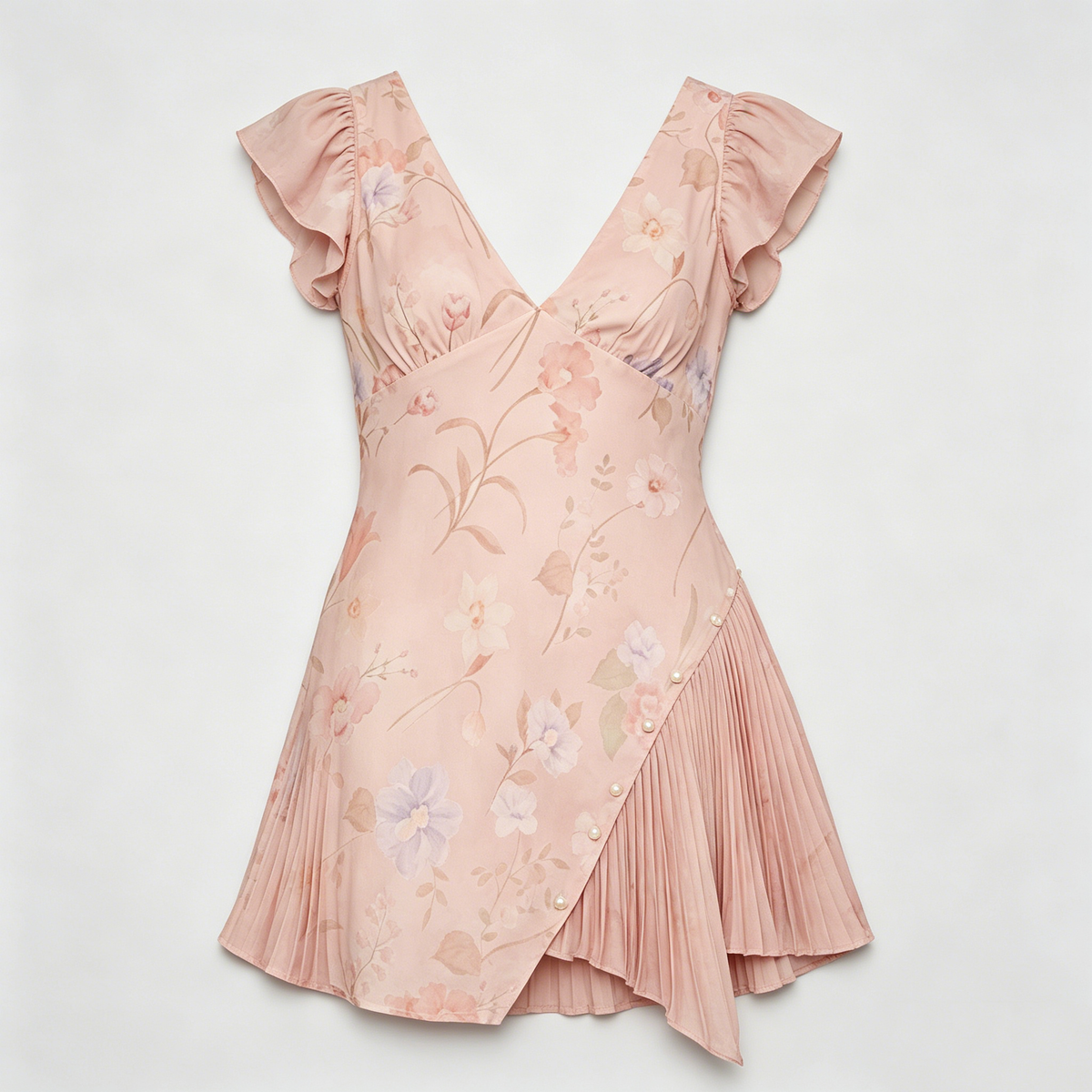 Pink Floral Ruffle Sleeve Asymmetrical Dress