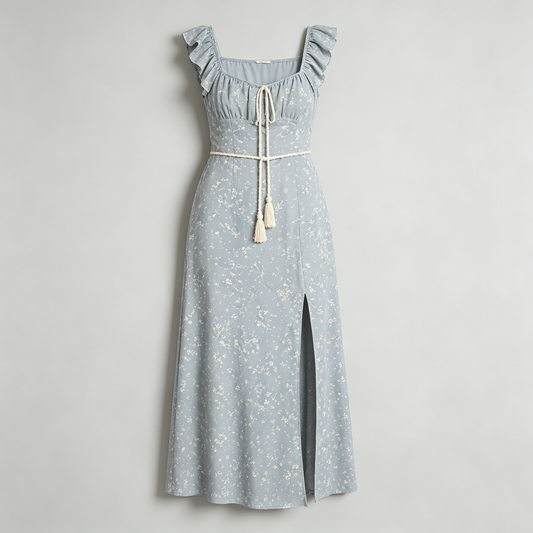 Blue Ruffle Strap Slit Dress