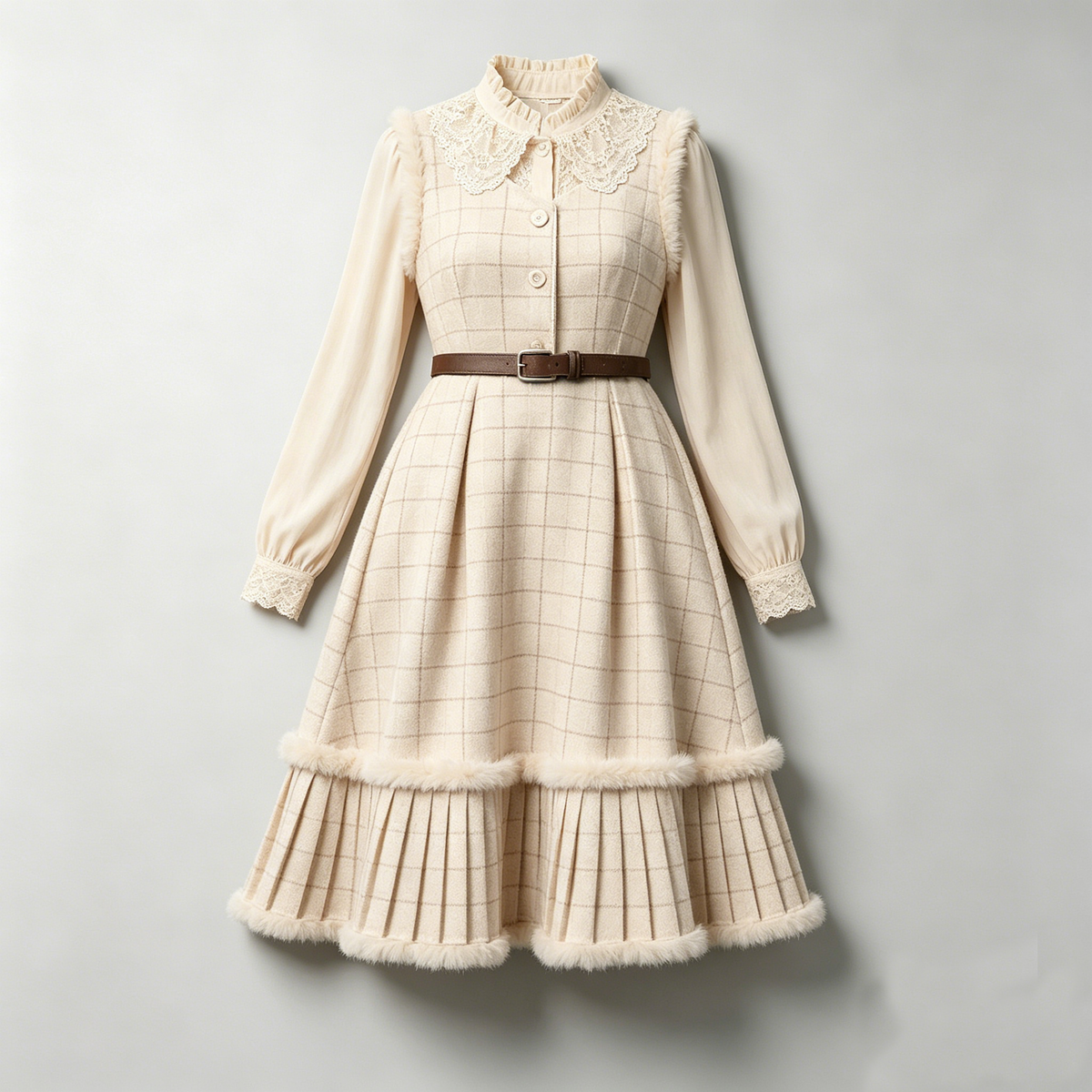 Cream Lace & Fur-Trimmed Plaid Dress