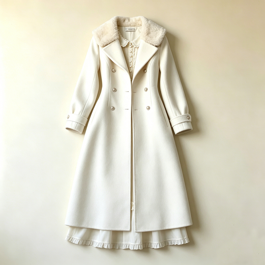 Cream Fur-Collar Double-Breasted Wool Coat