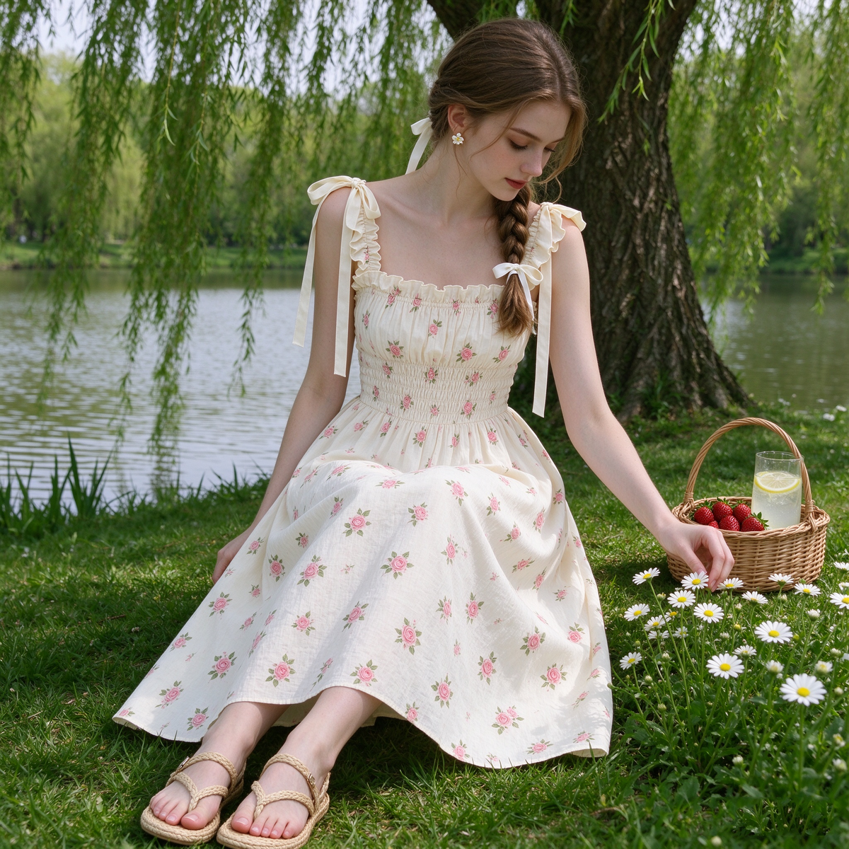 White Ruffle Strap Floral Dress