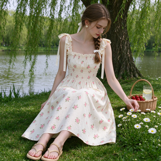 White Ruffle Strap Floral Dress