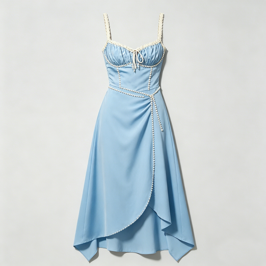 Light Blue Pearl Trimmed Midi Dress