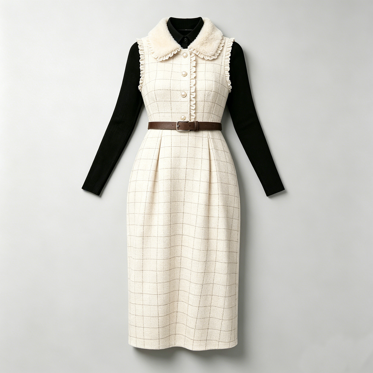 Cream Fur-Collar Plaid Pinafore Dress Set