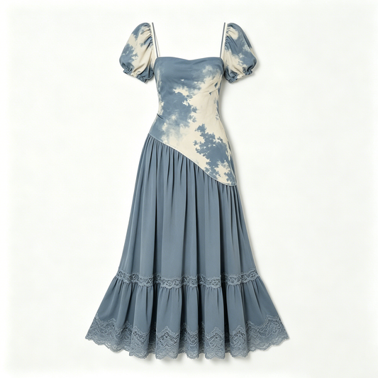Tie-Dye Puff Sleeve Lace Dress