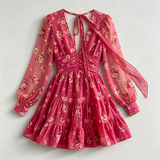 Tan Floral Spaghetti Strap Tiered Dress