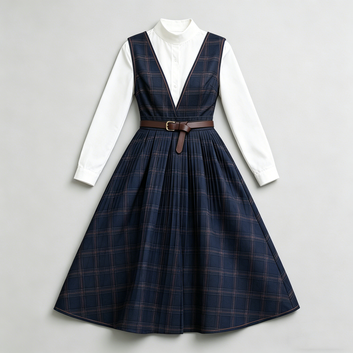 Navy Plaid Pinafore Dress Set