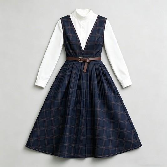 Navy Plaid Pinafore Dress Set