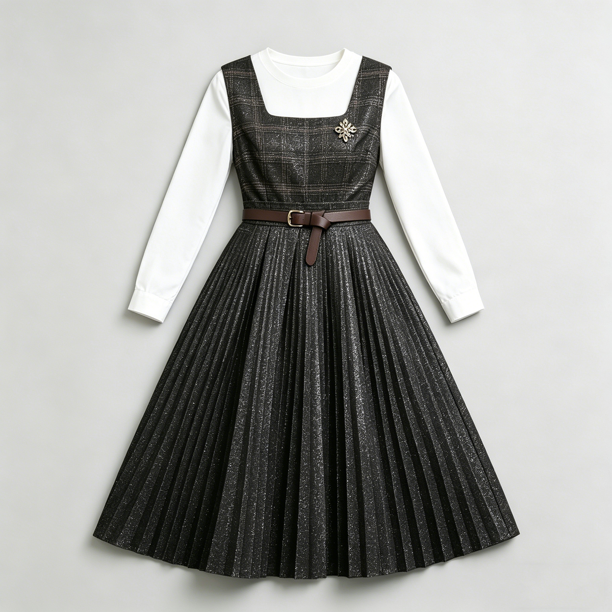 Sparkly Black Plaid Pleated Dress Set