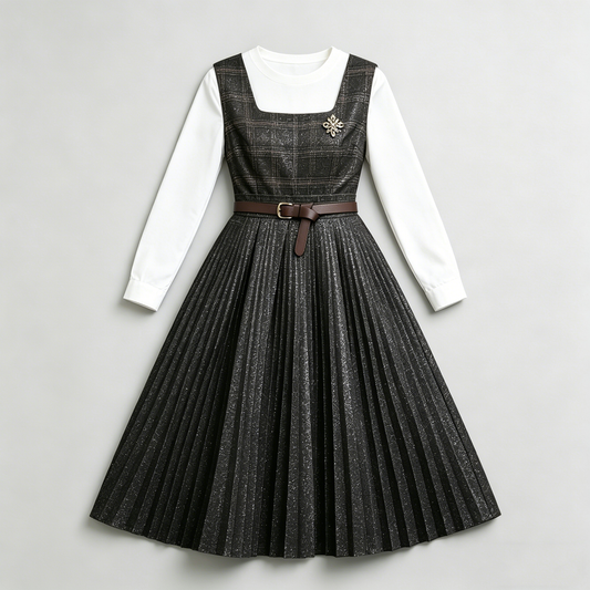Sparkly Black Plaid Pleated Dress Set