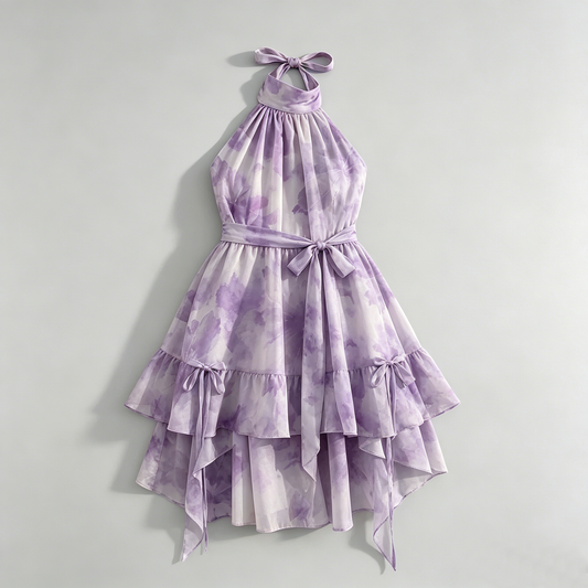 Purple Watercolor Halter Tiered Dress