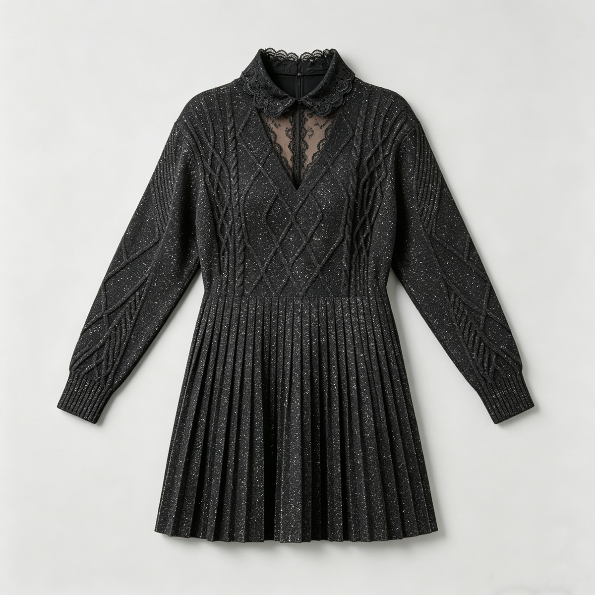 Lace-Collar Sparkly Black Knit Dress