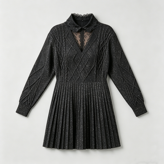 Lace-Collar Sparkly Black Knit Dress