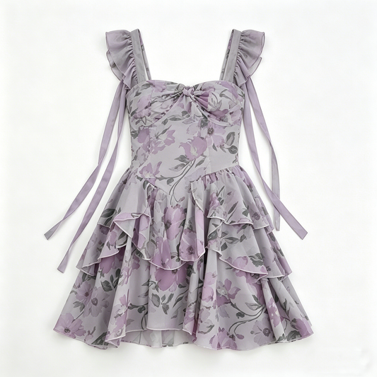 Lilac Floral Ruffle Strap Dress