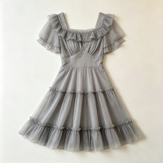 Gray Tulle Square Neck Tiered Dress