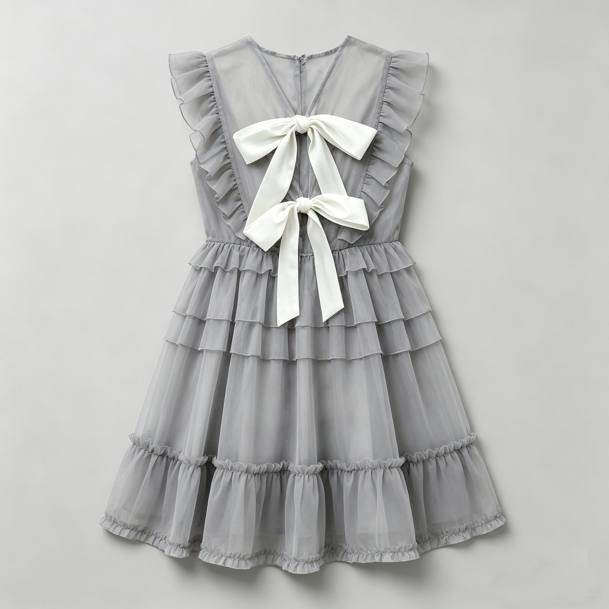 Gray Tulle Back Bow Tiered Dress