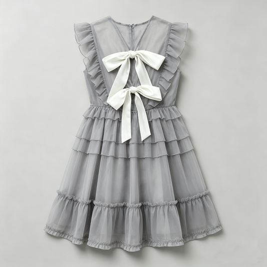 Gray Tulle Back Bow Tiered Dress