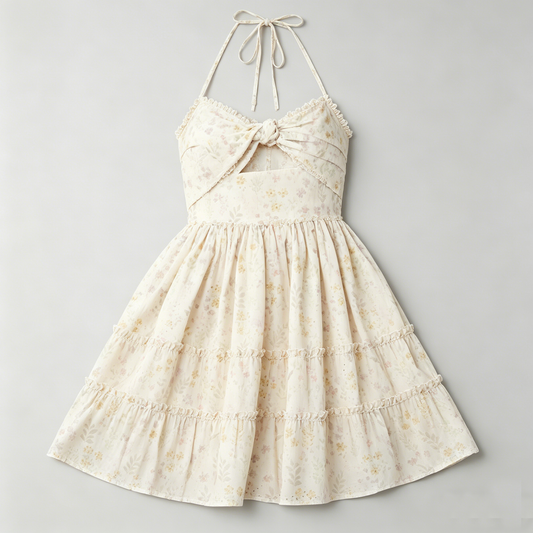 Cream Floral Halter Tiered Dress