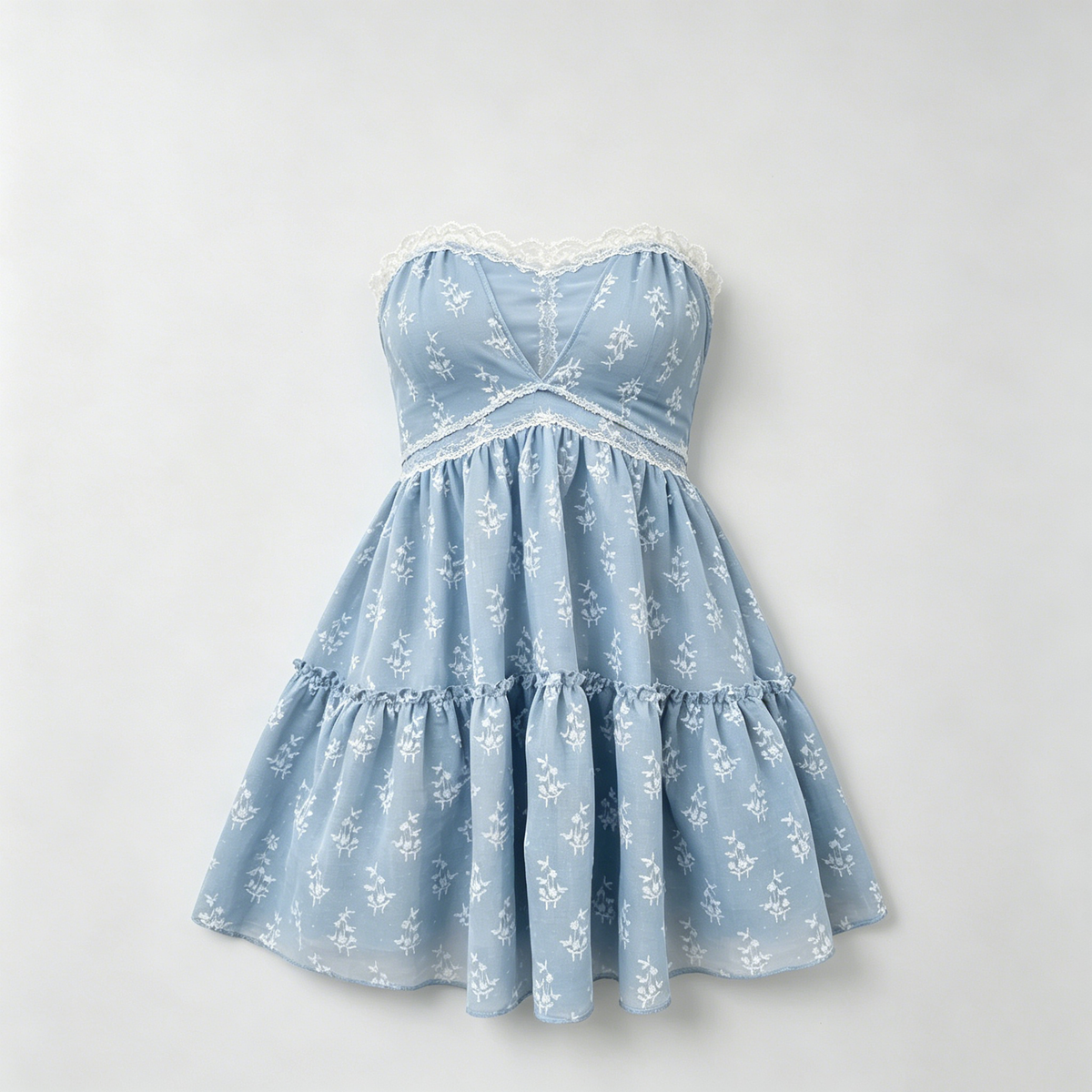Light Blue Floral Strapless Mini Dress