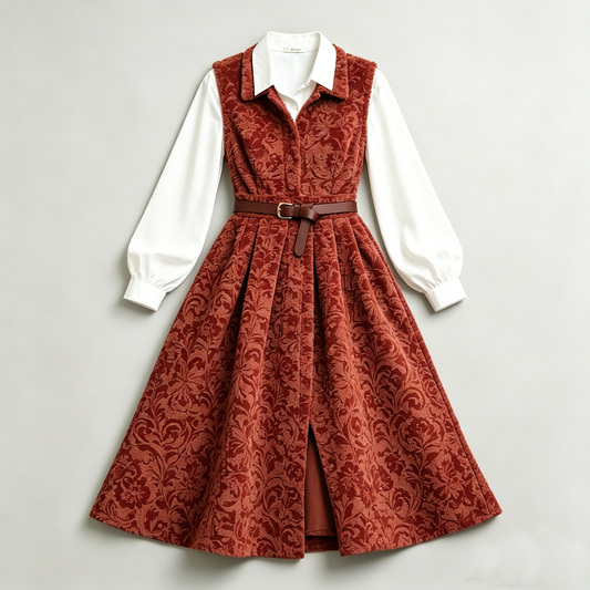 Carved Jacquard Pinafore Dress Set