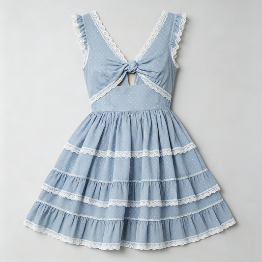 Blue Polka Dot Tiered Lace Dress
