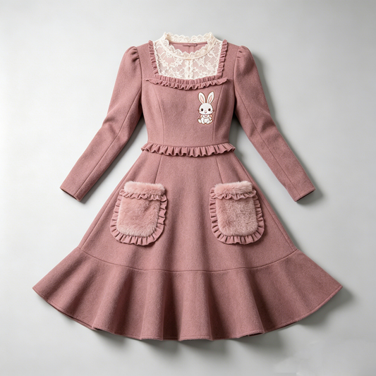 Pink Bunny Embroidered Woolen Dress