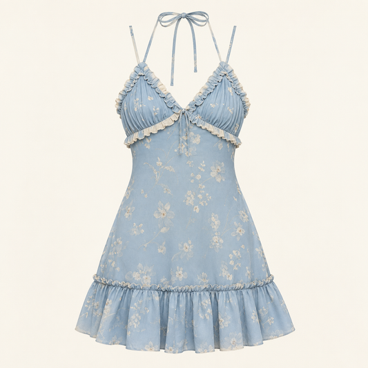 Blue Floral Halter Slip Dress