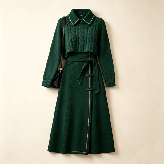 Dark Green Knit & Woolen Two-Piece Dress