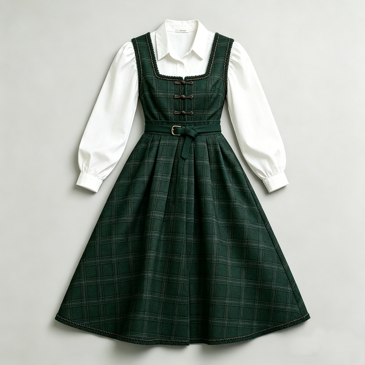 Dark Green Plaid Pinafore Dress Set