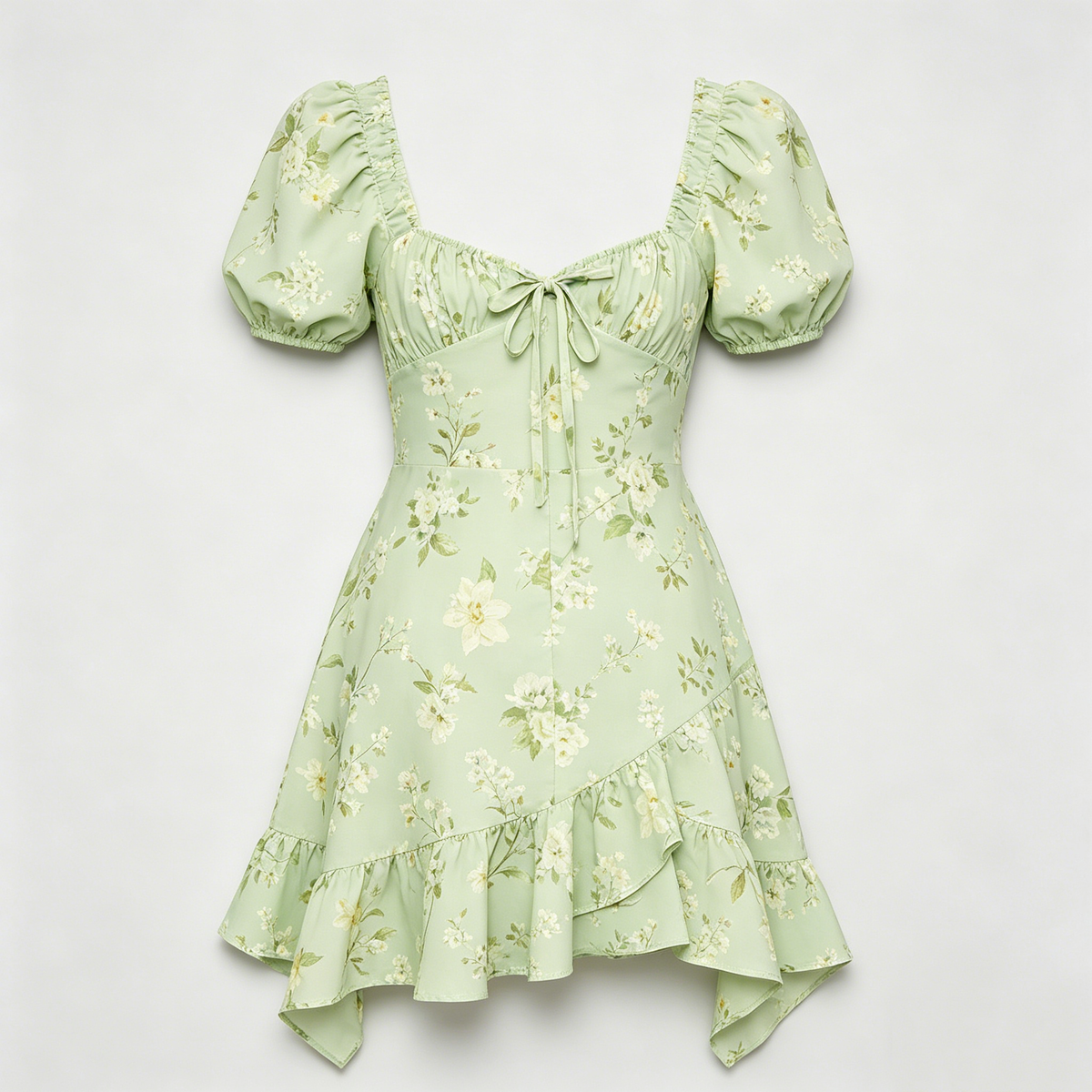 Light Green Floral Puff Sleeve Dress