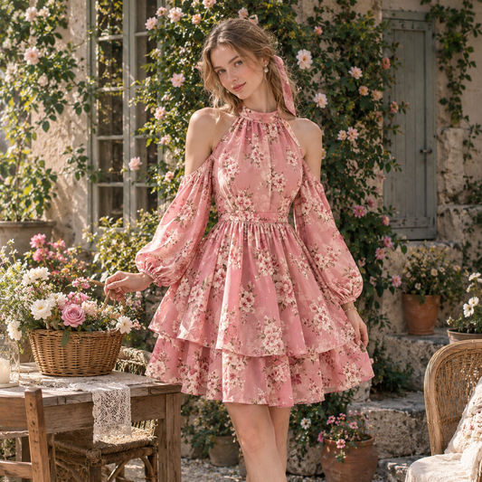 Pink Cherry Blossom Halter Dress