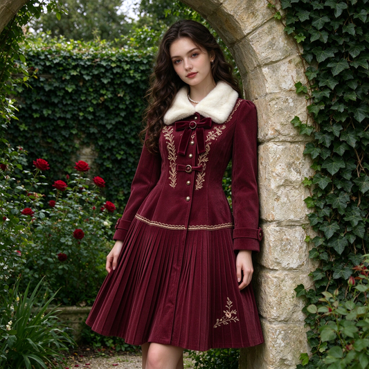 Burgundy Fur Collar Embroidered Corduroy Coat Dress